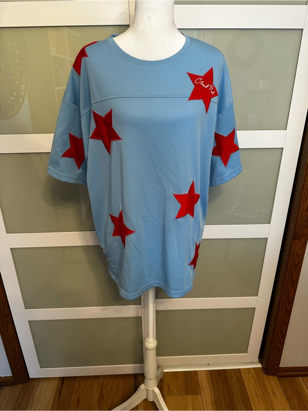 Sky Blue Short-Sleeve Tee with Red Star Appliqués